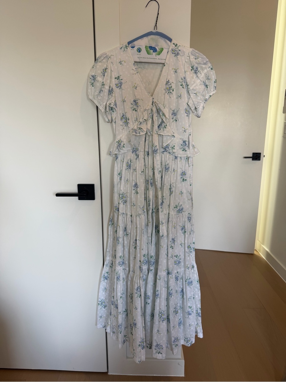 LoveShackFancy White Dress with Blue and Green Floral Accents